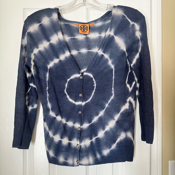 Tory Burch linen Blue tie-dye cardigan with 3/4 sleeves. Size small - Picture 1 of 7